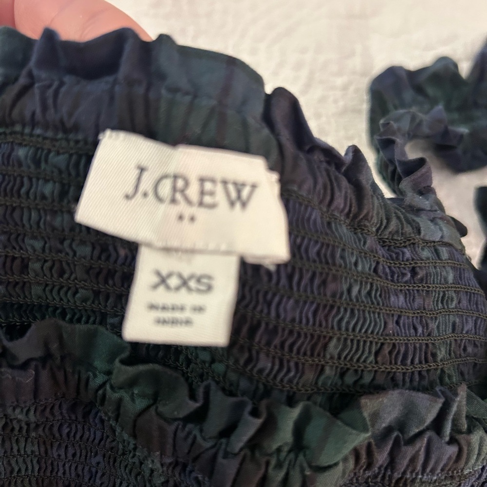 J Crew Re-imagined Tartan Plaid ruffle tiered dress green and navy XXS stretchy - Picture 8 of 12